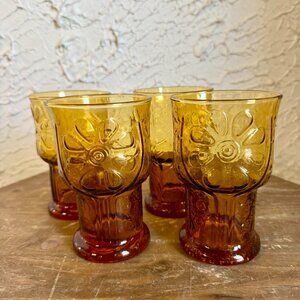 Vintage Amber Glass Goblets Set of 4 Floral Pressed Glass Mid Century